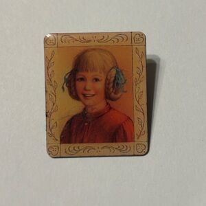 Vintage Portrait Pin - Girl with Blue Hair Ribbons, Red Dress